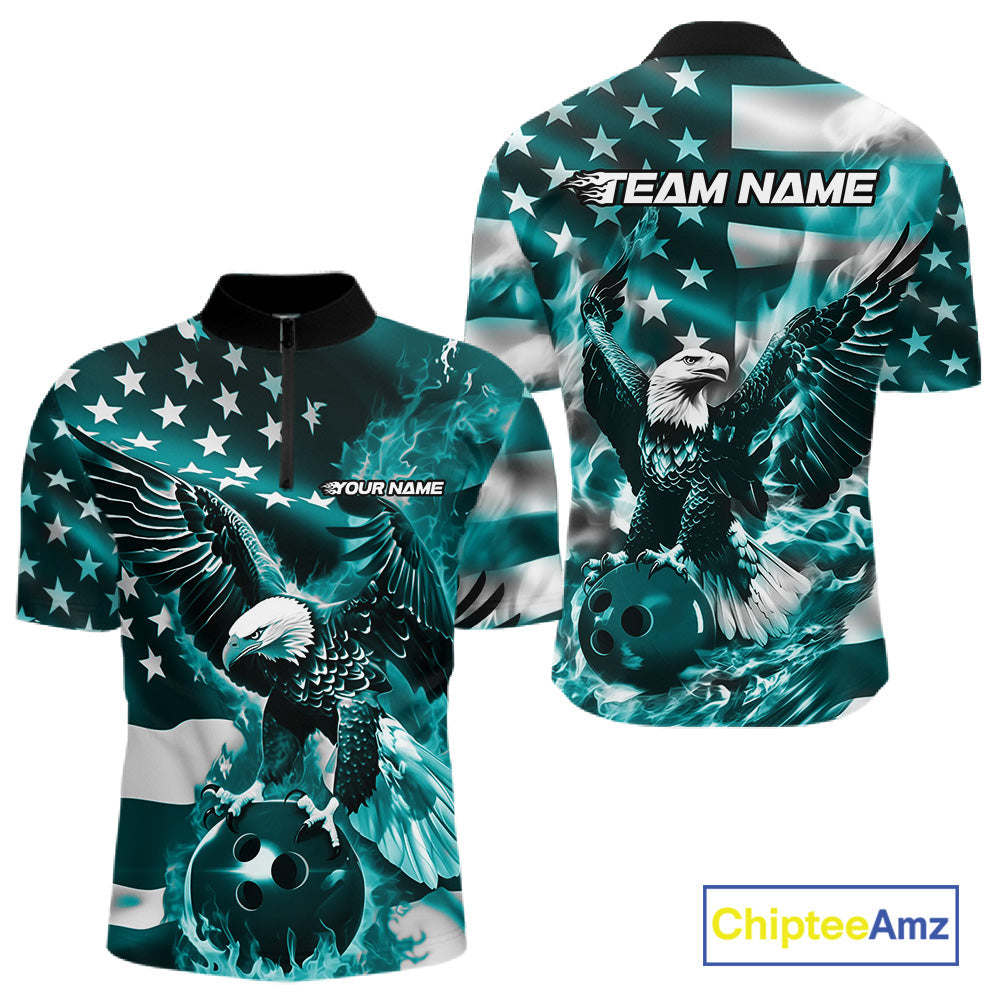 Custom Blue Flaming American Flag Eagle Bowling Team Men Shirt, Patriotic Bowlers Outfit IPHW10780