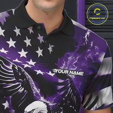 Load image into Gallery viewer, Custom Purple Flaming American Flag Eagle Bowling Team Men Shirt, Patriotic Bowlers Outfit IPHW10781