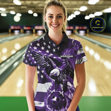 Load image into Gallery viewer, Custom Purple Flaming American Flag Eagle Bowling Team Women Shirt, Patriotic Bowlers Outfit IPHW10781