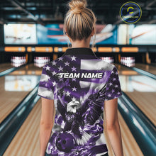 Load image into Gallery viewer, Custom Purple Flaming American Flag Eagle Bowling Team Women Shirt, Patriotic Bowlers Outfit IPHW10781
