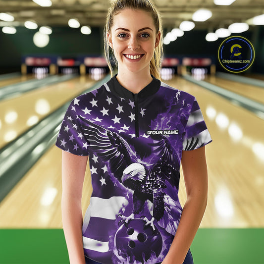 Custom Purple Flaming American Flag Eagle Bowling Women Shirt, Patriotic Bowlers Outfit IPHW10781