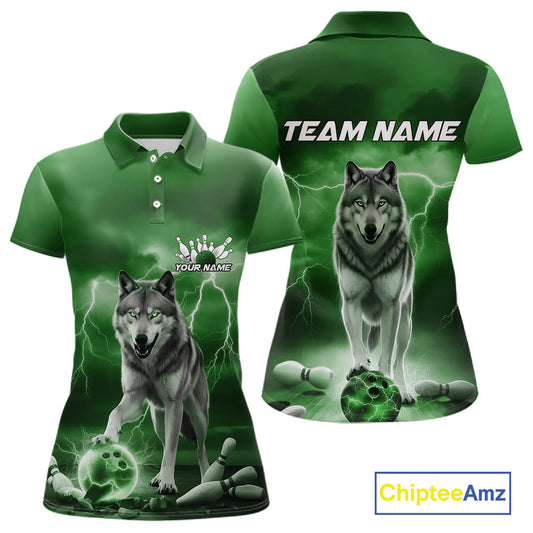 Custom Green Ligtning Wolf Bowling Team League Shirts For Women, Bowler Outfits IPHW10787