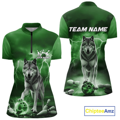 Custom Green Ligtning Wolf Bowling Team League Shirts For Women, Bowler Outfits IPHW10787