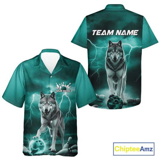 Custom Teal Blue Ligtning Wolf Bowling Team League Shirts For Men And Women, Bowler Outfits IPHW10789