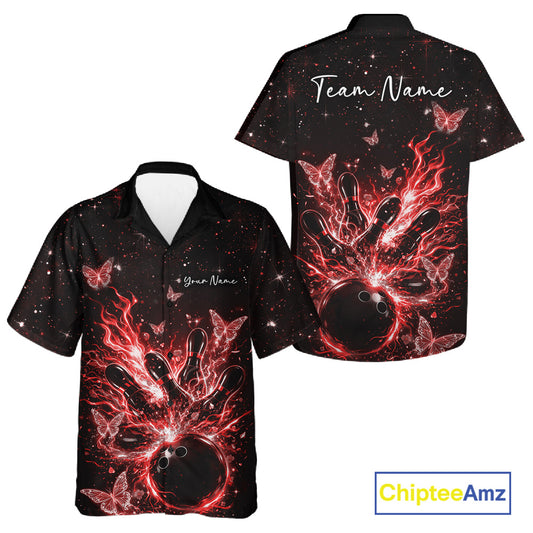 Front and back views of a black and red button-up bowling shirt featuring a flaming bowling ball, glowing butterflies, and cosmic accents.
