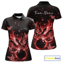 Load image into Gallery viewer, Front and back views of a black and red womens bowling polo shirt with flaming bowling ball, pins, and glowing butterflies.