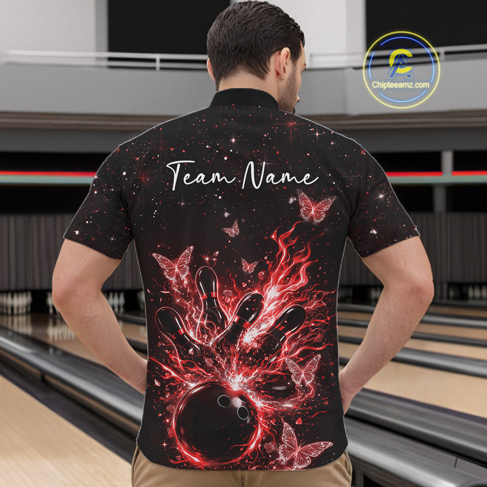 Front view of a male model in a black and red quarter-zip shirt with glowing butterfly bowling graphics.