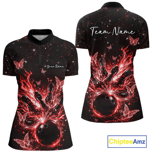 Front and back views of a black and red womens bowling quarter-zip shirt with flaming ball, pins, and glowing butterflies.