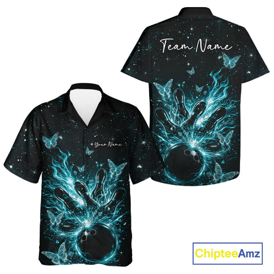 Front and back views of a black and turquoise blue button-up bowling shirt showcasing glowing butterflies and cosmic bowling artwork.