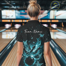 Load image into Gallery viewer, Back view of a female model in a black and turquoise blue bowling polo shirt featuring glowing butterfly bowling graphics.