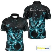 Load image into Gallery viewer, Custom Turquoise Blue Galaxy Butterfly Bowling Men Polo Shirt, Flame Bowling Team Jerseys IPHW11009