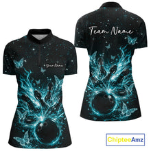 Load image into Gallery viewer, Custom Turquoise Blue Galaxy Butterfly Bowling Women Shirt, Flame Bowling Team Jerseys IPHW11009