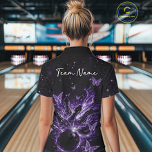 Load image into Gallery viewer, Back view of a female model wearing a black and purple bowling polo shirt featuring glowing butterfly bowling graphics.