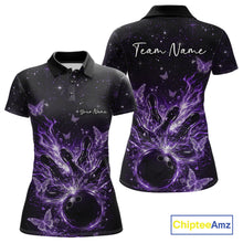 Load image into Gallery viewer, Front and back views of a black and purple womens bowling polo shirt with flaming bowling ball, glowing butterflies, and cosmic background.