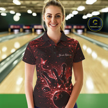 Load image into Gallery viewer, Female model in a black and red bowling polo shirt at the lane with luminous butterfly bowling motifs.