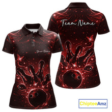 Load image into Gallery viewer, Front and back views of a black and red womens bowling polo shirt with glowing butterflies around bowling pins and ball artwork.