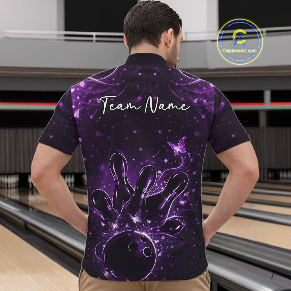 Front view of a male model in a black and purple bowling quarter-zip shirt featuring ball and pin artwork.