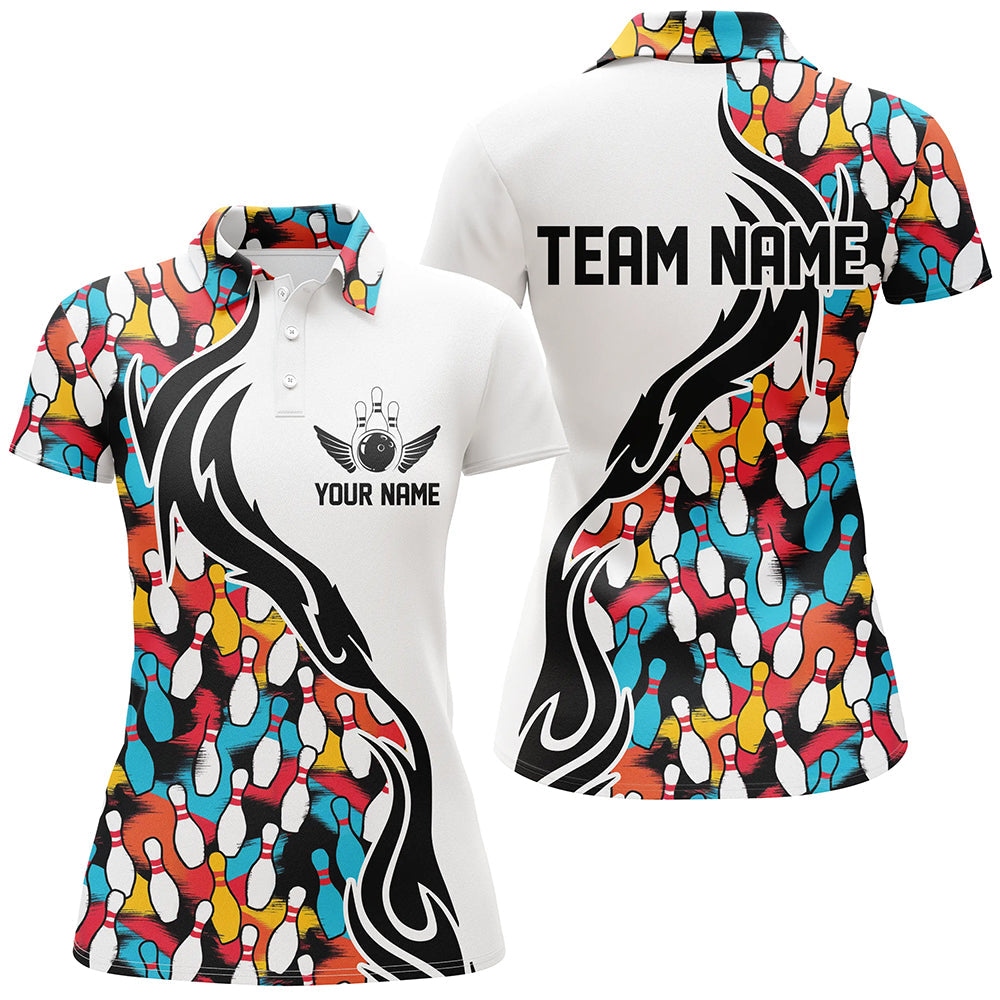 Colorful Bowling Pins Custom Ladies Bowling Polo Shirts, Flame Bowling Outfits For Bowlers IPHW6951
