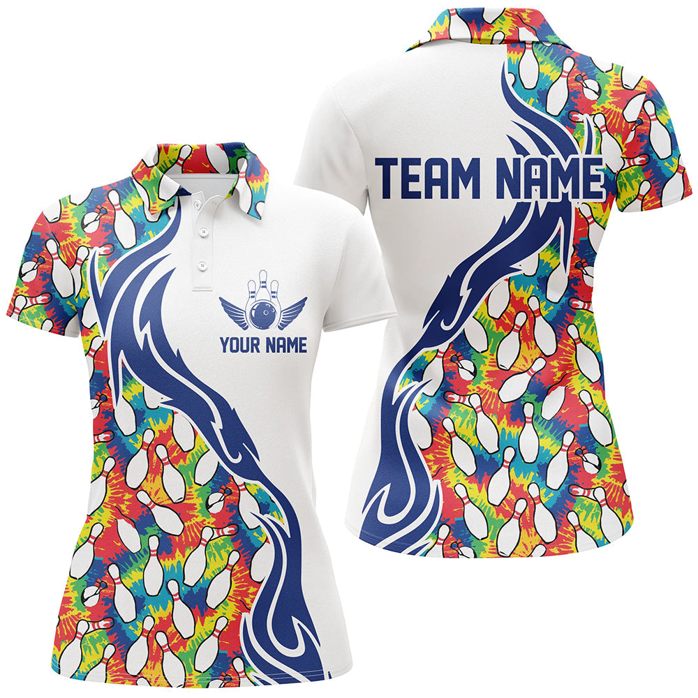 Colorful Tie Dye Bowling Pins Custom Bowling Shirts For Women, Flame Bowling Jerseys IPHW6952