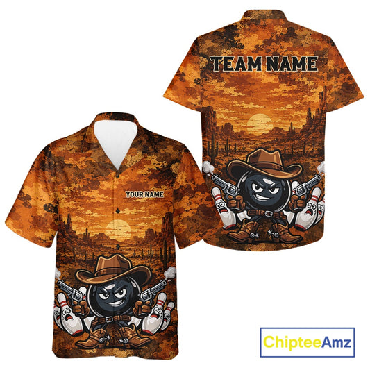 Front and back views of a short-sleeve button-up shirt with an all-over western desert print featuring a cartoon bowling character wearing a cowboy hat. The shirt includes placeholder text areas reading 'TEAM NAME' and 'YOUR NAME'.