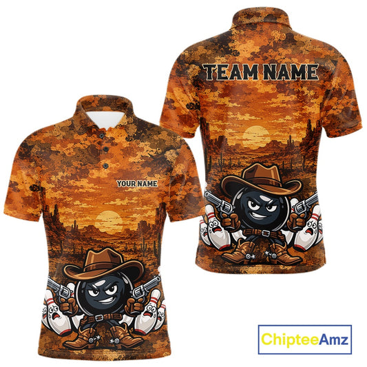 Front and back views of a short-sleeve polo shirt featuring a distressed orange and brown sunset landscape with a cartoon bowling character wearing a cowboy hat. The shirt includes customizable text placeholders 'TEAM NAME' on the back and 'YOUR NAME' on the front.
