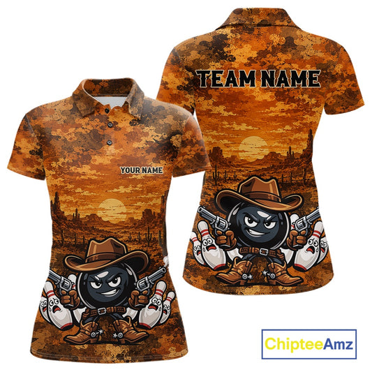 Front and back views of a short-sleeve polo shirt with a western desert sunset print. The shirt features a cartoon bowling ball character wearing a cowboy hat and boots, surrounded by bowling pins, with customizable text placeholders 'TEAM NAME' on the back and 'YOUR NAME' on the front.