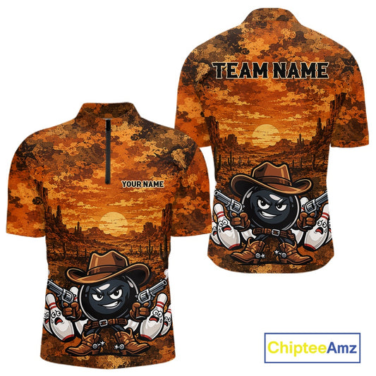 Front and back views of a short-sleeve quarter-zip shirt featuring a distressed orange and brown sunset landscape print with a cartoon bowling character wearing a cowboy hat and boots. The front has placeholder text reading 'YOUR NAME' and the back has 'TEAM NAME'.