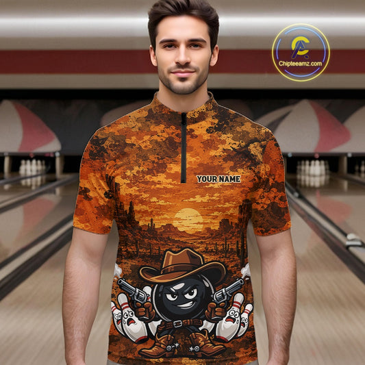 A man wearing a short-sleeve quarter-zip bowling-themed graphic shirt with an orange desert sunset print and a cartoon bowling ball character. Bowling lanes are visible in the blurred background, and a 'Chipsteams.