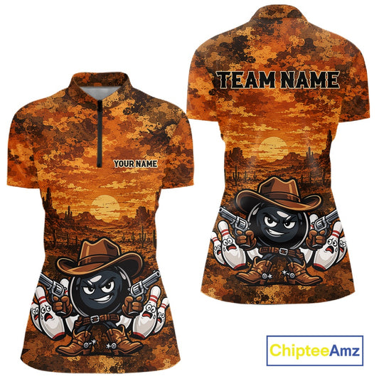 Front and back views of a short-sleeve shirt with an all-over western desert sunset print. The shirt features a cartoon black ball character wearing a brown cowboy hat and boots, holding white bowling pins, with the text 'TEAM NAME' on the back and 'YOUR NAME' on the front.