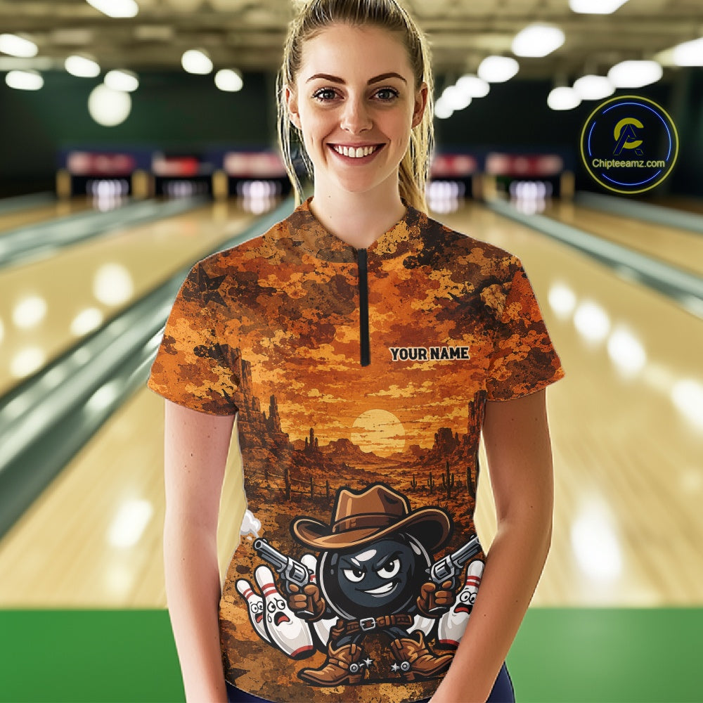 Custom Funny Western Cowboy Bowling Women Quarter-Zip Shirts, Desert Camo Bowling Jersey IPHW11638