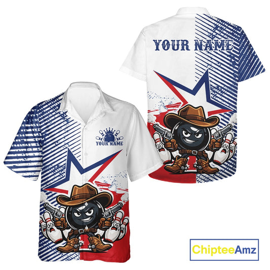 Custom short-sleeve button-up shirt shown from the front and back on a white background. The shirt features a patriotic red, white, and blue star-and-stripe design with a cartoon bomb character wearing a cowboy hat and holding revolvers.