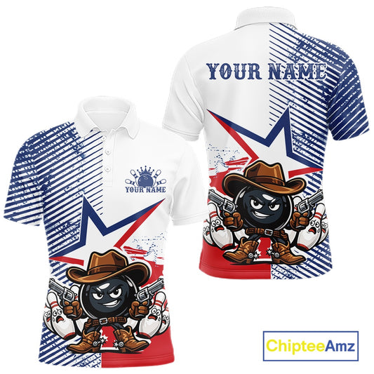 Customizable polo shirt mockup showing front and back views. The shirt features a white base with blue diagonal stripes on the sleeves and upper chest, a large red and blue star graphic, and a cartoon bomb character wearing a cowboy hat and boots holding revolvers.