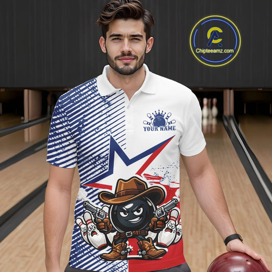 A man wearing a custom printed bowling-themed polo shirt, standing in a bowling alley holding a bowling ball. The shirt features a split design with blue and white stripes on one side, a large blue star on the other, and a cartoon bowling character wearing a cowboy hat.