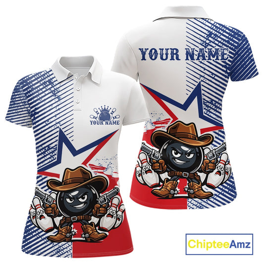 Front and back views of a short-sleeve polo shirt featuring a patriotic red, white, and blue design with a cartoon bomb character wearing a cowboy hat and holding revolvers. The shirt includes 'YOUR NAME' text on the chest and back, and a 'ChipteeAmz' logo in the bottom right corner.