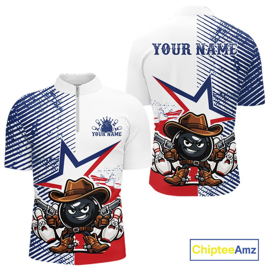 Front and back views of a customizable short-sleeve athletic jersey. The design features a white base with blue diagonal stripes on the sleeves and upper chest, a large blue star, a red and white split background, and a cartoon black bowling ball character wearing a brown cowboy hat and boots, holding two bowling pins.