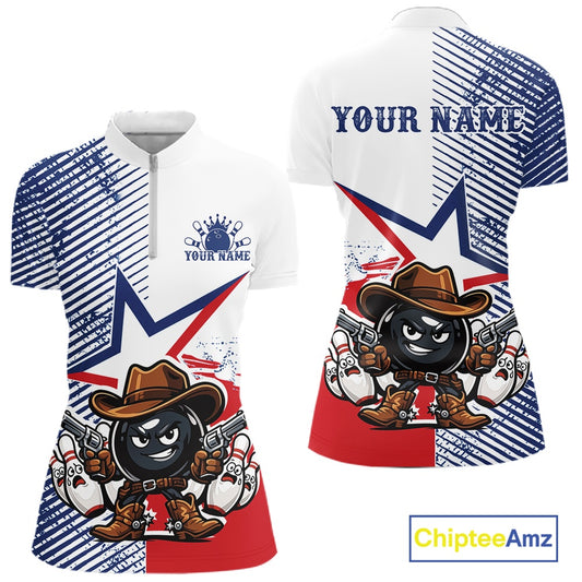 Custom short-sleeve polo shirt shown from front and back on a white background. The shirt features a white center with blue diagonal stripes on the sleeves and upper body, a red lower section, a cartoon bowling ball character in a cowboy hat holding bowling pins and guns, and customizable text reading 'YOUR NAME' on the chest and back.