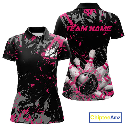 Custom Black And Pink Splatter Camo Bowling Team Polo Shirts For Women IPHW10797