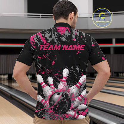 Custom Black And Pink Splatter Camo Bowling Team Quarter-Zip Shirts For Men IPHW10797