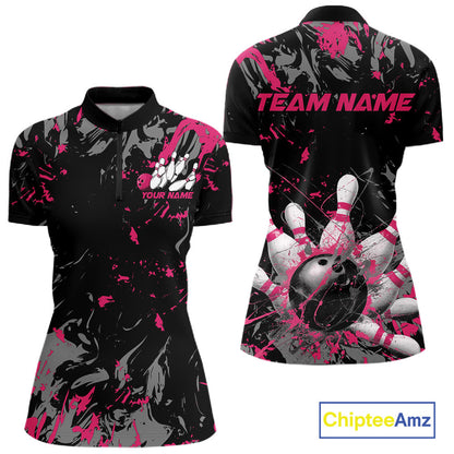 Custom Black And Pink Splatter Camo Bowling Team Quarter-Zip Shirts For Women IPHW10797