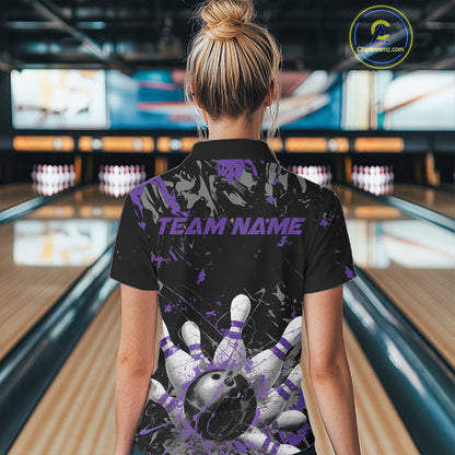 Custom Black And Purple Splatter Camo Bowling Team Quarter-Zip Shirts For Women IPHW10798