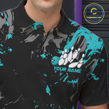 Load image into Gallery viewer, Custom Black And Turquoise Blue Splatter Camo Bowling Team Polo Shirts For Men IPHW10799