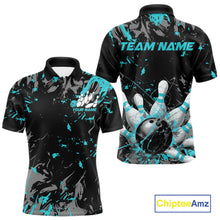 Load image into Gallery viewer, Custom Black And Turquoise Blue Splatter Camo Bowling Team Polo Shirts For Men IPHW10799