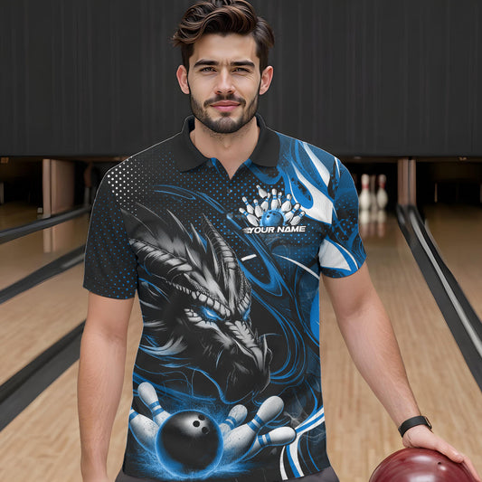Custom Black And Blue Flame Dragon Bowling Jerseys, Dragon Bowling Team Men Polo Shirts IPHW8920
