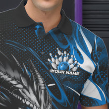 Load image into Gallery viewer, Custom Black And Blue Flame Dragon Bowling Jerseys, Dragon Bowling Team Men Polo Shirts IPHW8920