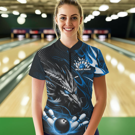 Custom Black And Blue Flame Dragon Bowling Jerseys, Dragon Bowling Women Quarter-Zip Shirts IPHW8920