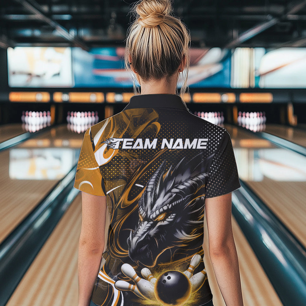 Custom Black And Yellow Flame Dragon Bowling Jersey, Dragon Bowling Women Quarter-Zip Shirt IPHW8921