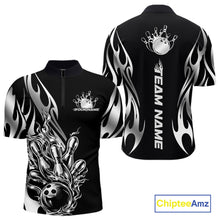 Load image into Gallery viewer, Custom Black And Silver Tribal Flame Men Bowling Quarter-Zip Shirt, Bowling Tournament Shirt IPHW11285