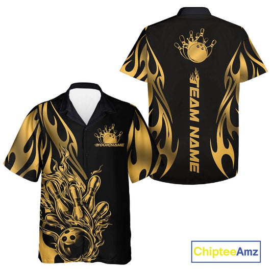 Front and back view of a black button-up bowling shirt mockup featuring golden metal tribal flame bowling ball and pins design with bold athletic visuals.