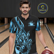 Load image into Gallery viewer, Custom Black And Blue Tribal Flame Men Bowling Polo Shirt, Bowling Tournament Shirt IPHW11287