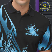 Load image into Gallery viewer, Custom Black And Blue Tribal Flame Men Bowling Polo Shirt, Bowling Tournament Shirt IPHW11287